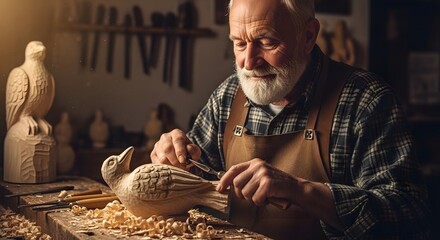 Senior woodcarver meticulously working on a wooden bird sculpture in a workshop.