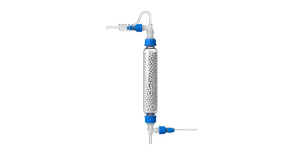 Vertical glass column with blue fittings, isolated on transparent background, showcasing laboratory equipment for scientific research and experimentation