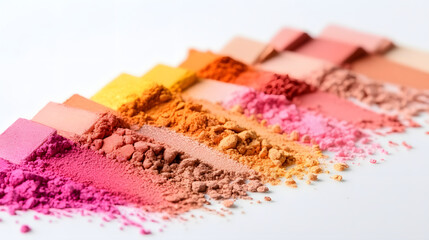 Vibrant eyeshadow colorful makeup powder pigment beauty product cosmetic palette pink orange yellow crushed texture studio macro soft light gradient hues create lively, creative mood and playful