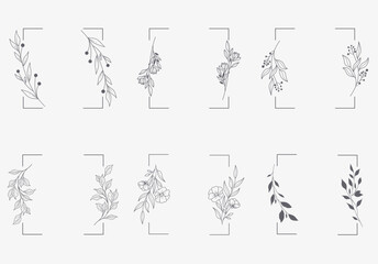 Floral and square hand drawn style. Floral black and white frame of twigs, leaves and flowers. Frames for the Valentine's day, wedding decor, logo and identity template.