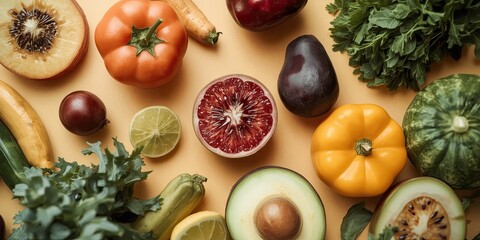 Vibrant assortment of fresh fruits and vegetables arranged on a light beige surface, showcasing a colorful and healthy selection.
