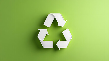 Recycling eco sustainability green symbol icon arrow loop paper render Calm eco message with sleek recycling icon green background, white paper style arrows clean loop, minimalist design