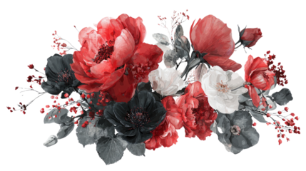 bouquet of red and black flowers on white background