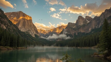 Serene mountain lake scene at sunrise, showcasing majestic peaks and tranquil waters.