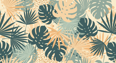 Fototapeta premium A pattern of various tropical leaves in muted green and beige.