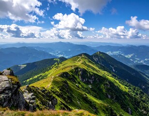 Panoramic mountain vista, lush green slopes, dramatic peaks