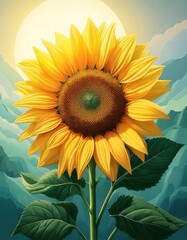 Vibrant sunflower against a serene mountain backdrop