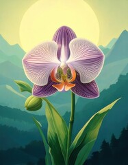 Vibrant Purple Orchid in Serene Mountain Landscape