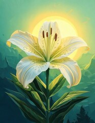 White Lily Against a Radiant Sunrise