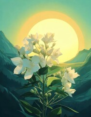 Sunlit White Flowers Against Mountain Background
