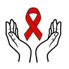 Red AIDS awareness ribbon in hands support symbol Vector illustration World AIDS Day concept Isolated on white background