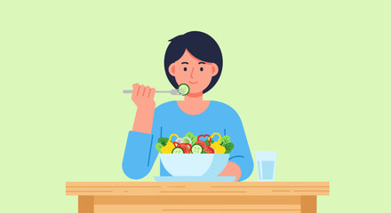 Person eating healthy salad bowl vegetables healthy food diet plan Vector illustration flat design Isolated on white background