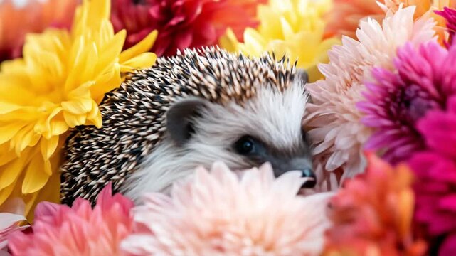 A cute hedgehog nestled among vibrant, colorful flowers.