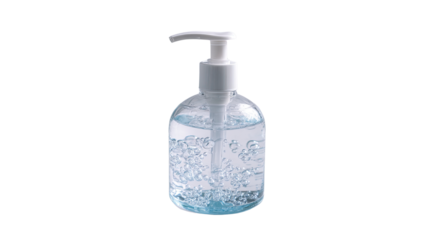 clear plastic pump bottle containing anti bacteria liquid on white background