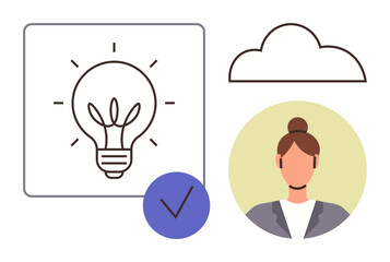 Light bulb representing idea, avatar of woman symbolizing user or professional, cloud for innovation or digital concept, and checkmark for confirmation. Ideal for brainstorming, collaboration
