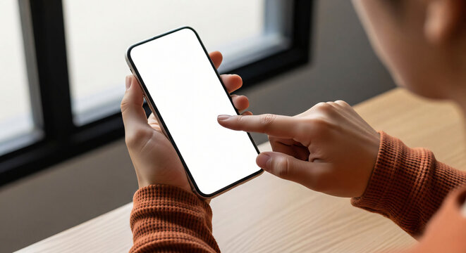 Close up of a person s hands holding a smartphone with a blank white screen finger touching the display for interactive use