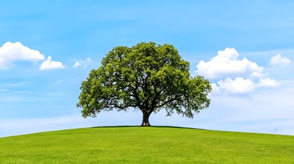 Obraz premium Single large oak tree against a backdrop of blue sky and green grass.