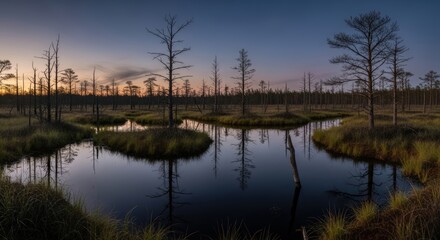 Eerie twilight panorama of a mysterious swamp with skeletal trees reflected in the still, dark water of the bog