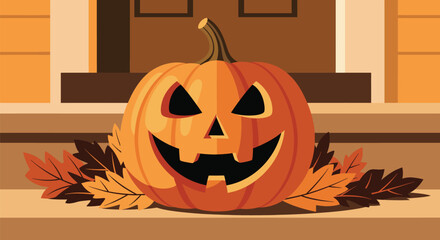 Jack-o'-lantern on porch with autumn decor