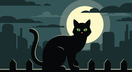 Black cat on fence under full moon city skyline