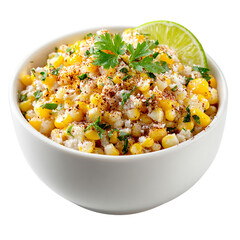 Single on white bowl of esquites on transpart background