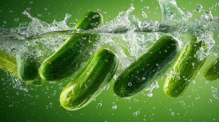 Cucumbers splashing into clear water on green background