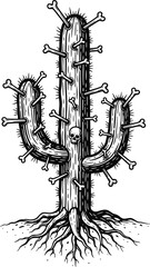 Thorny saguaro cactus with exposed roots and skull motif