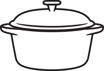 Minimalist Black Line Drawing of Cast Iron Dutch Oven with Lid and Handles Isolated on White