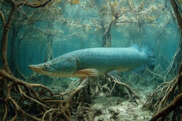 Underwater shot of a large, scaled arapaima fish in murky water with roots. Use for aquatic life, nature, or Amazon river ecosystem themed projects.