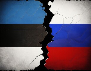 cracked wall with estonia and russia flag on each side