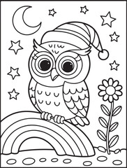 Cute Cartoon Owl Coloring Page with Sleep Hat Moon Stars and Rainbow Branch Line Art