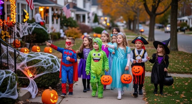 A group of children in Halloween costumes trick-or-treating on a suburban street, carrying pumpkin-shaped candy buckets, with decorated houses in the background.