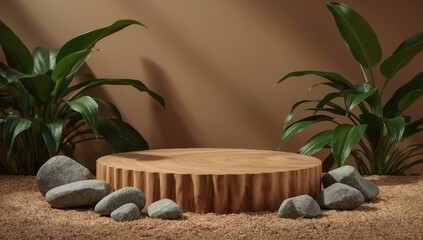 Natural wooden podium with gray stones and lush greenery, showcasing a warm and inviting aesthetic.