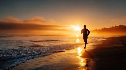 Coastal runner: Silhouette of an athletic individual sprints along the glistening shoreline during a mesmerizing sunrise, showcasing the beauty of endurance, vitality, and the serenity of nature.