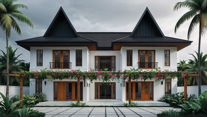  a digital architectural rendering showcasing a modern, single-story house with a tropical design. 