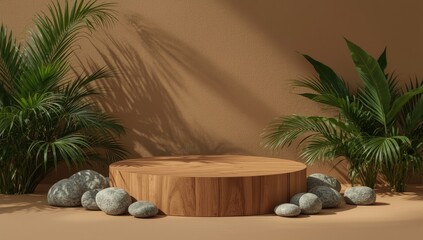 Wooden podium with natural elements, a calm and serene display for a product presentation.