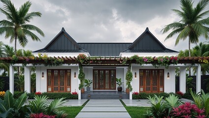  a digital architectural rendering showcasing a modern, single-story house with a tropical design. 