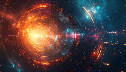 Abstract digital tunnel with glowing rings