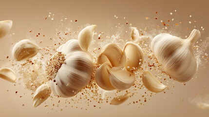 Garlic cloves and bulbs exploding with seasoning particles