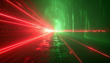 Abstract digital tunnel with red and green light streaks