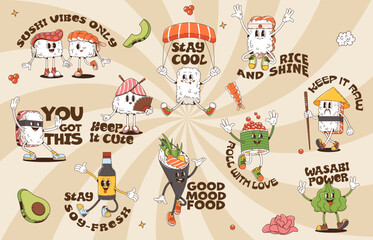 Retro y2k groovy stickers of cute cartoon sushi characters with playful expressions and fun quotes like rice and shine, stay cool, wasabi power. Vector patches for food and Japanese pop culture lovers