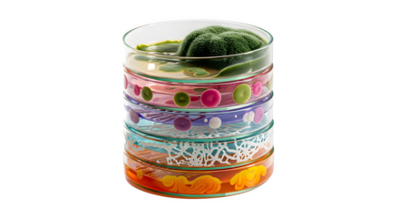 A stack of petri dishes, each containing a different substance, isolated on transparent background the dishes are clear and the substances are colorful