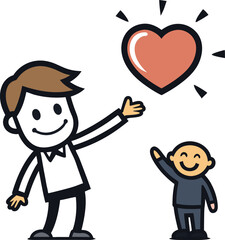 A man presents a heart-shaped object to a smiling child, symbolizing love and affection between them.
