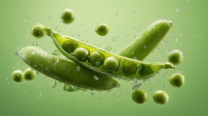 Fresh green peas bursting out of pod with water splash