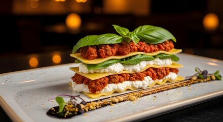 degustation or tasting menu at fancy Michelin star restaurant. whimsical fantastic dish meal of molecular gastronomy cuisine closeup, luxuary recipes set up, 5 star food