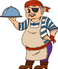 Pirate and Caribbean corsair cook chef cartoon groovy character vector personage. Caribbean pirate or ship crew man of boat kitchen cook man and corsair chef with dish tray as cartoon character
