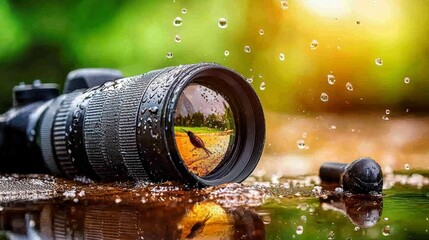 Water Droplets on Camera Lens Reflecting Bird.