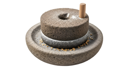 A traditional stone mill for grinding grain, isolated on transparent background the mill is made of rough stone and has a simple, rustic design