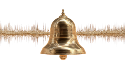 golden bell ringing generating sound waves 3d rendering on white background
