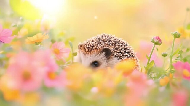 A cute hedgehog nestled among colorful blooming flowers.